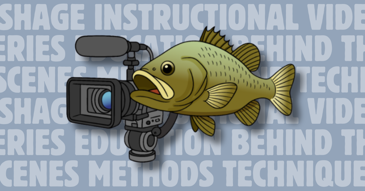 Cartoon graphic of fish holding a video camera